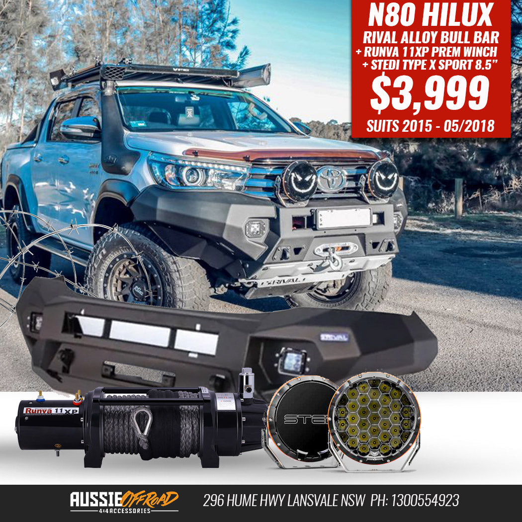 Hilux Rival Alloy Bull Bar + Runva Winch & Stedi Spotties (DT-2D57011BPACK)